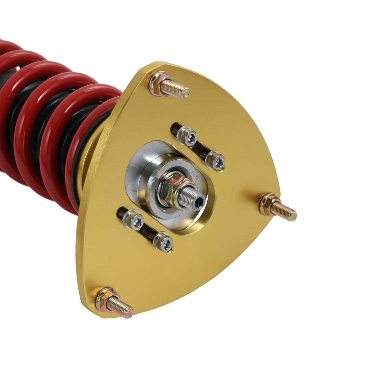 Gold strut top plate with flange bolts and bearing hardware, red coil spring and black shaft