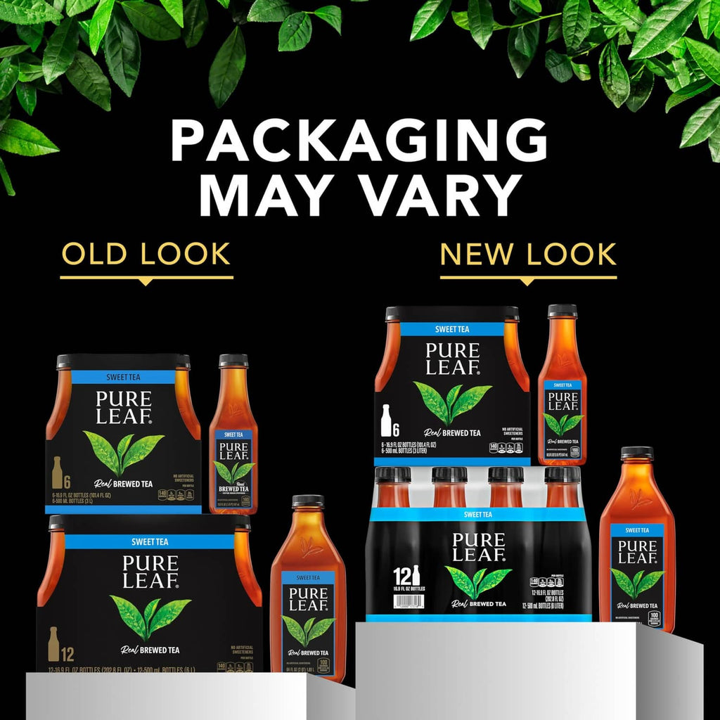 Pure Leaf unsweetened green tea bottle pack, old vs new look packaging shown