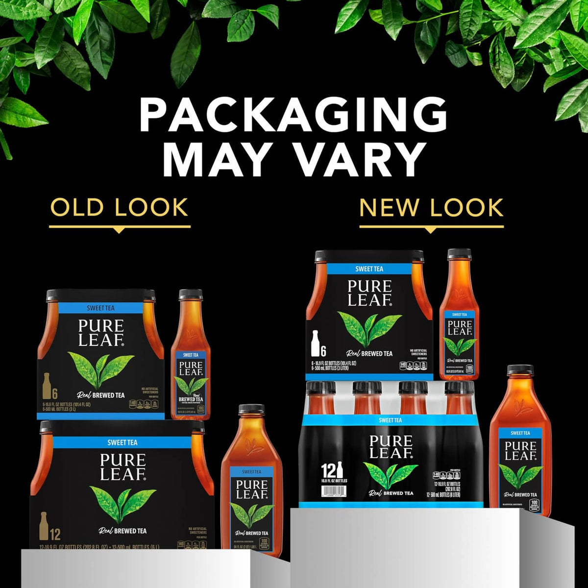 Pure Leaf unsweetened green tea bottle pack, old vs new look packaging shown