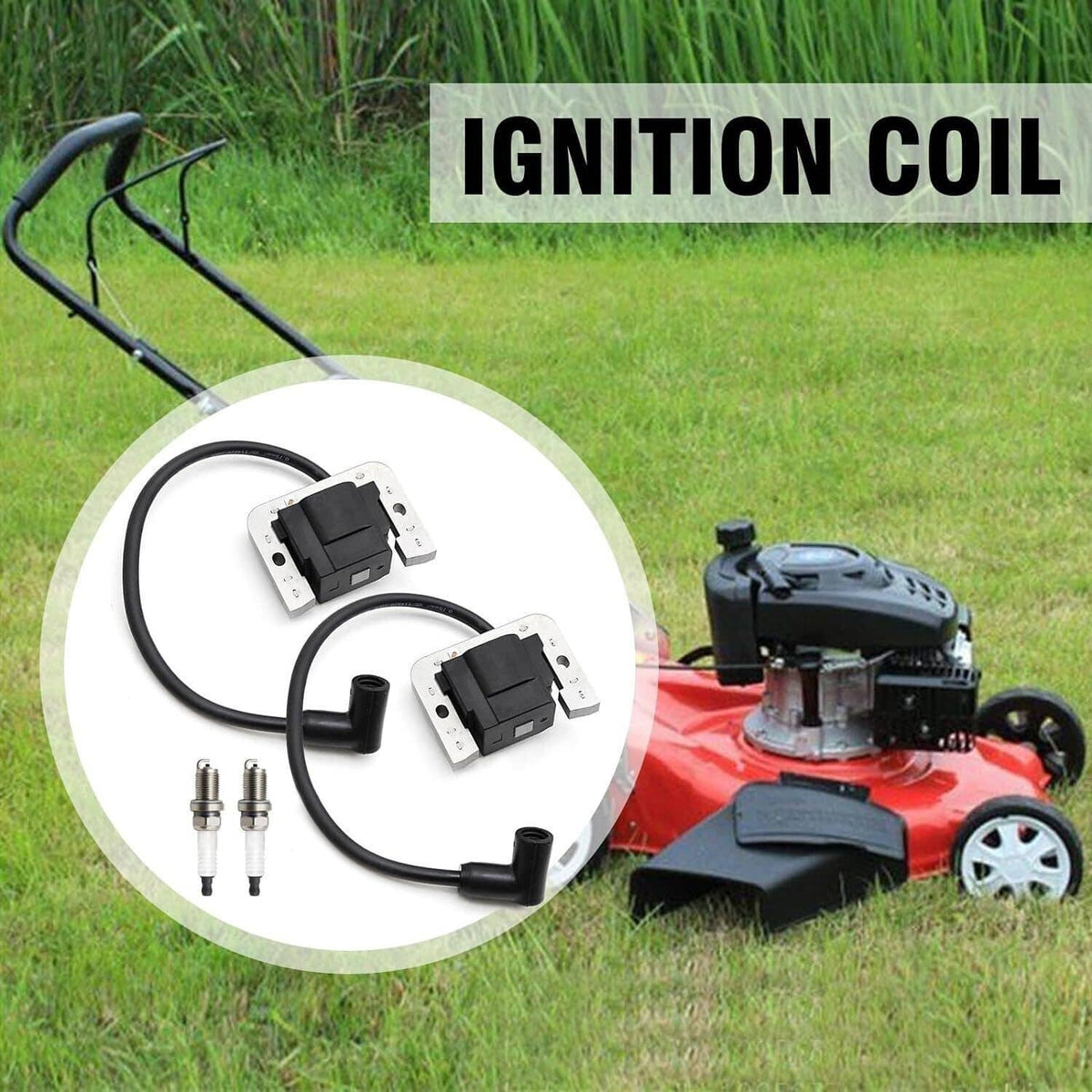 Ignition coil module kit with wiring harness and two spark plugs for small engines