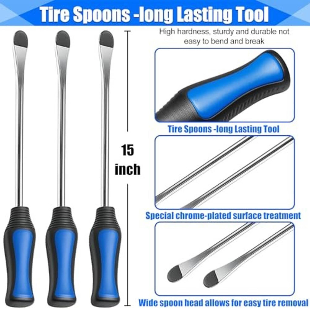Tire spoon set: three long metal levers with blue ergonomic handles and grip ridges