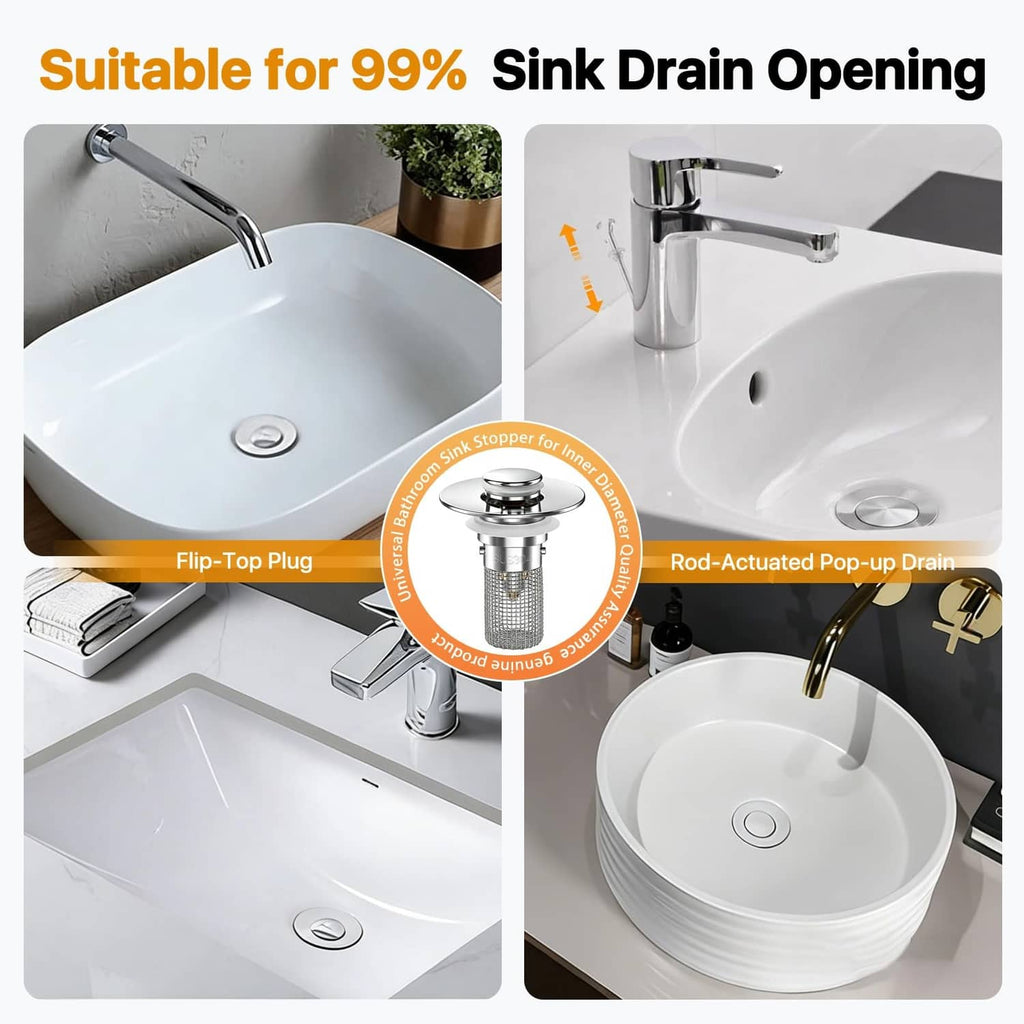 Pop-up drain strainer hair catcher for sink openings with chrome stopper