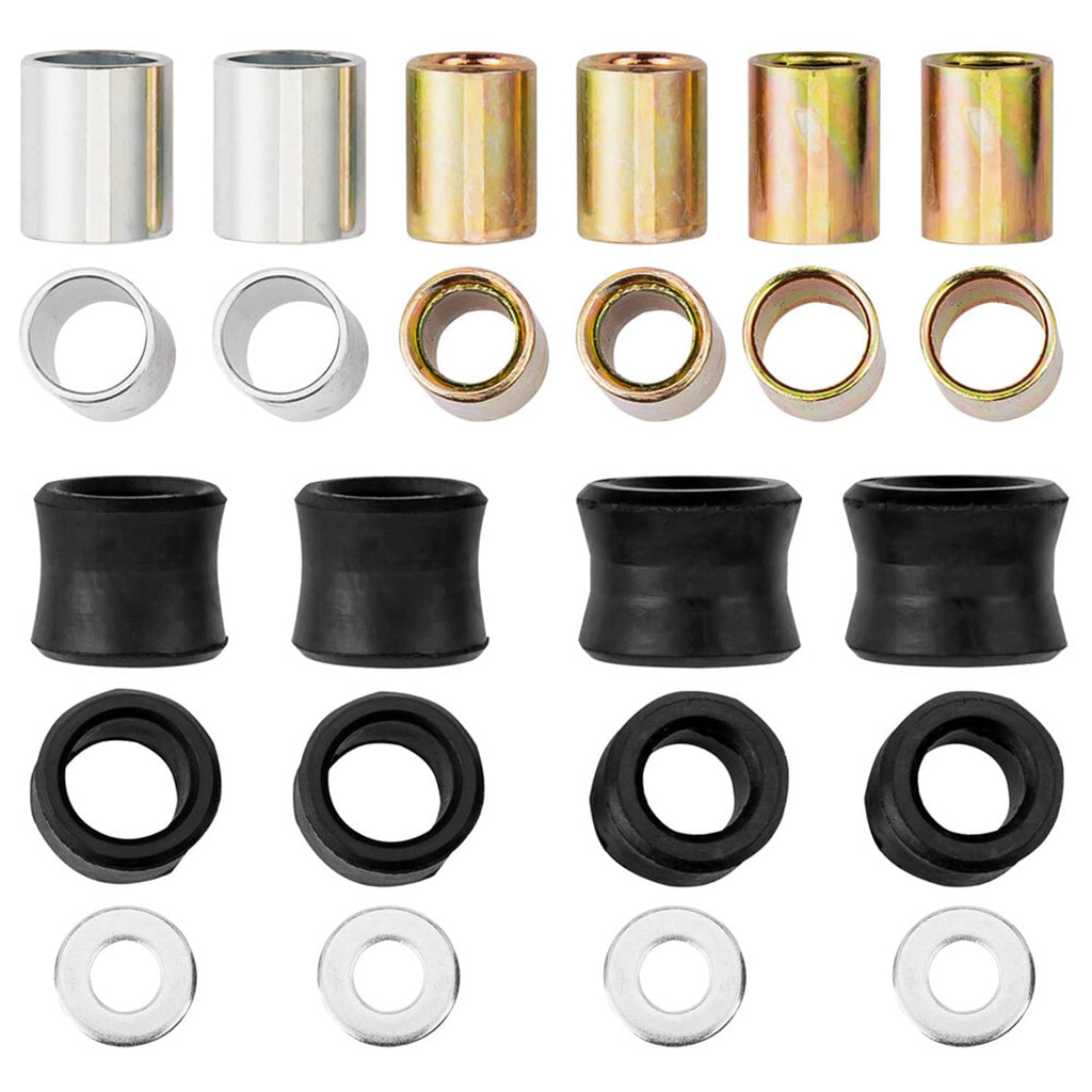 Assorted shock absorber bushing sleeves and washers in metal and black rubber