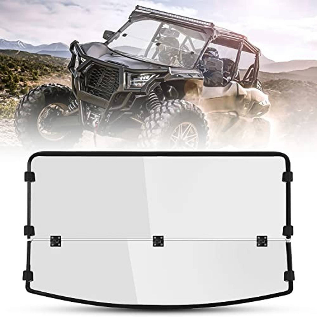 Half UTV fold-down windshield, clear panel with black border and side mounting blocks