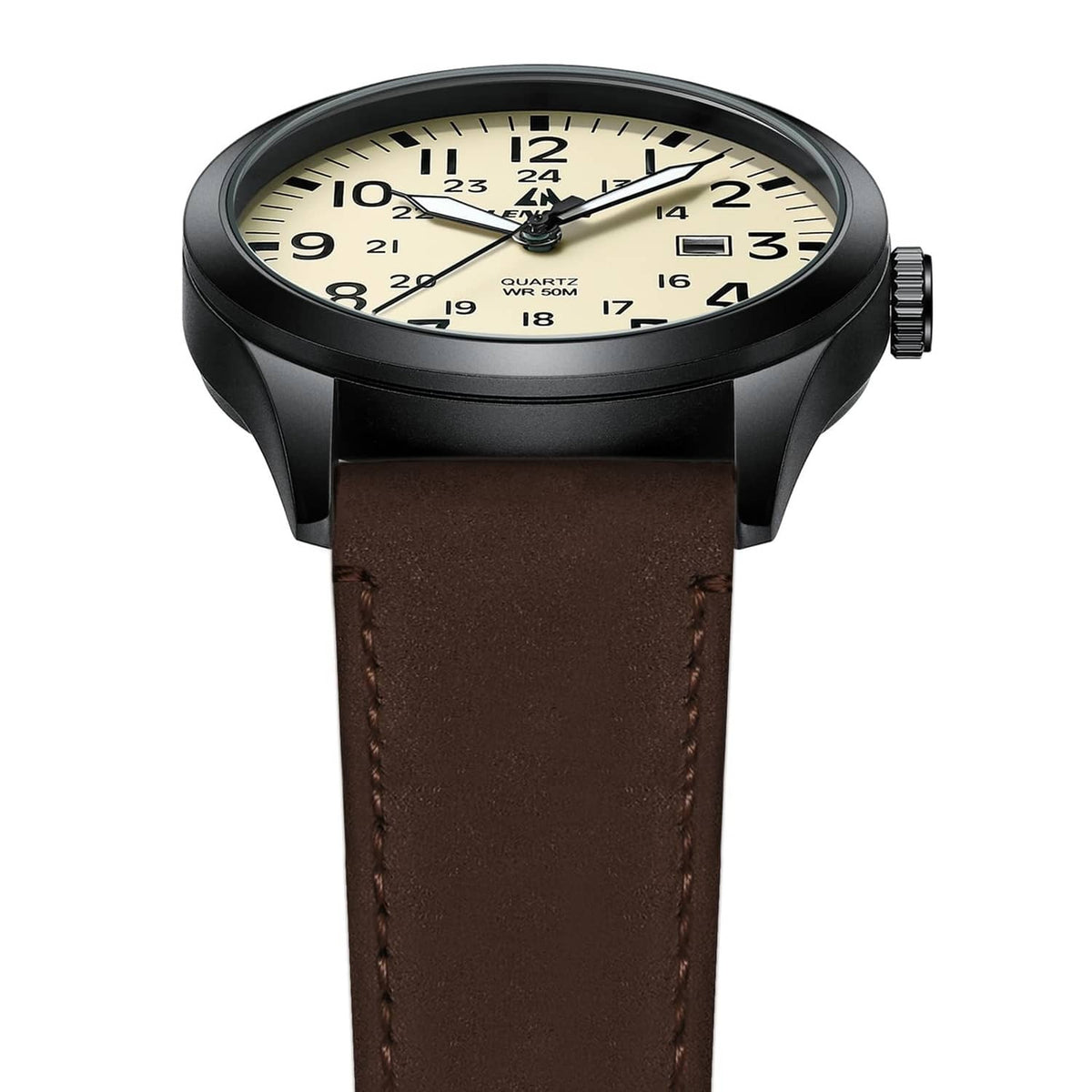 Men's analog sport watch angled front view with beige dial and brown leather strap.