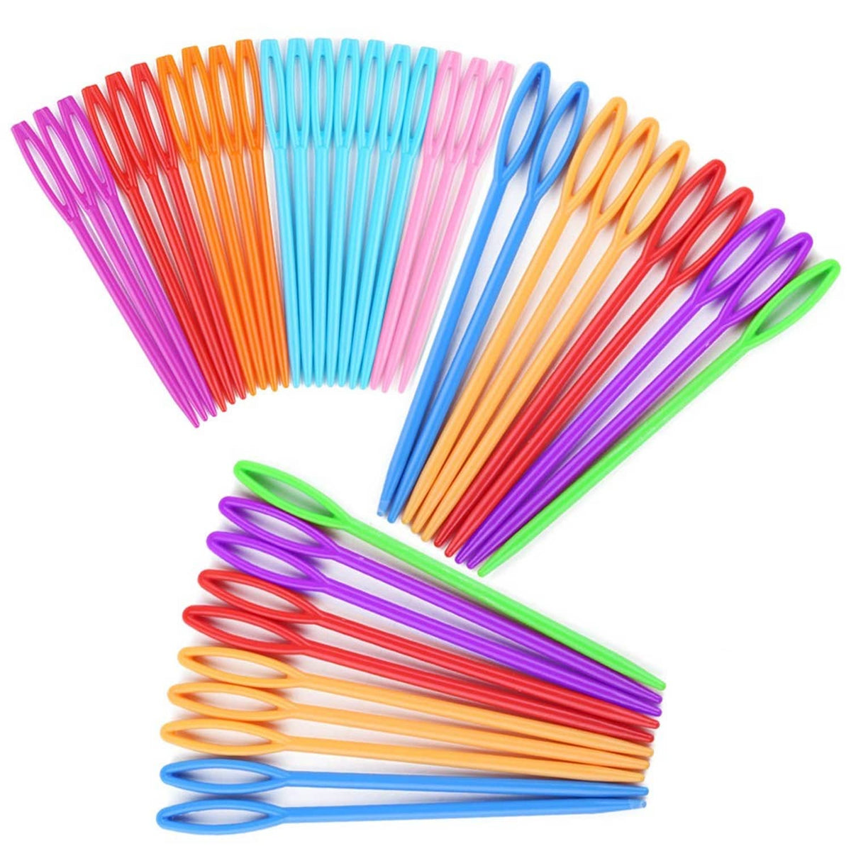 Assorted plastic lacing needles fanned out in rainbow colors, 40-piece set