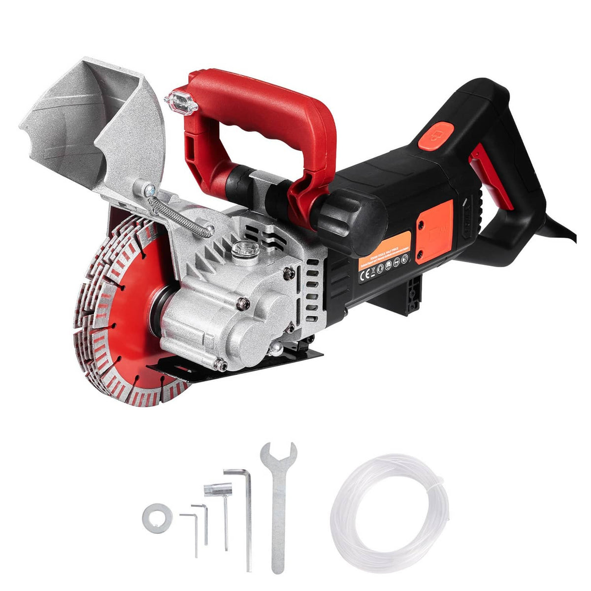 Wall groove cutting machine with red handle, black grip, silver blade guard, and side tools