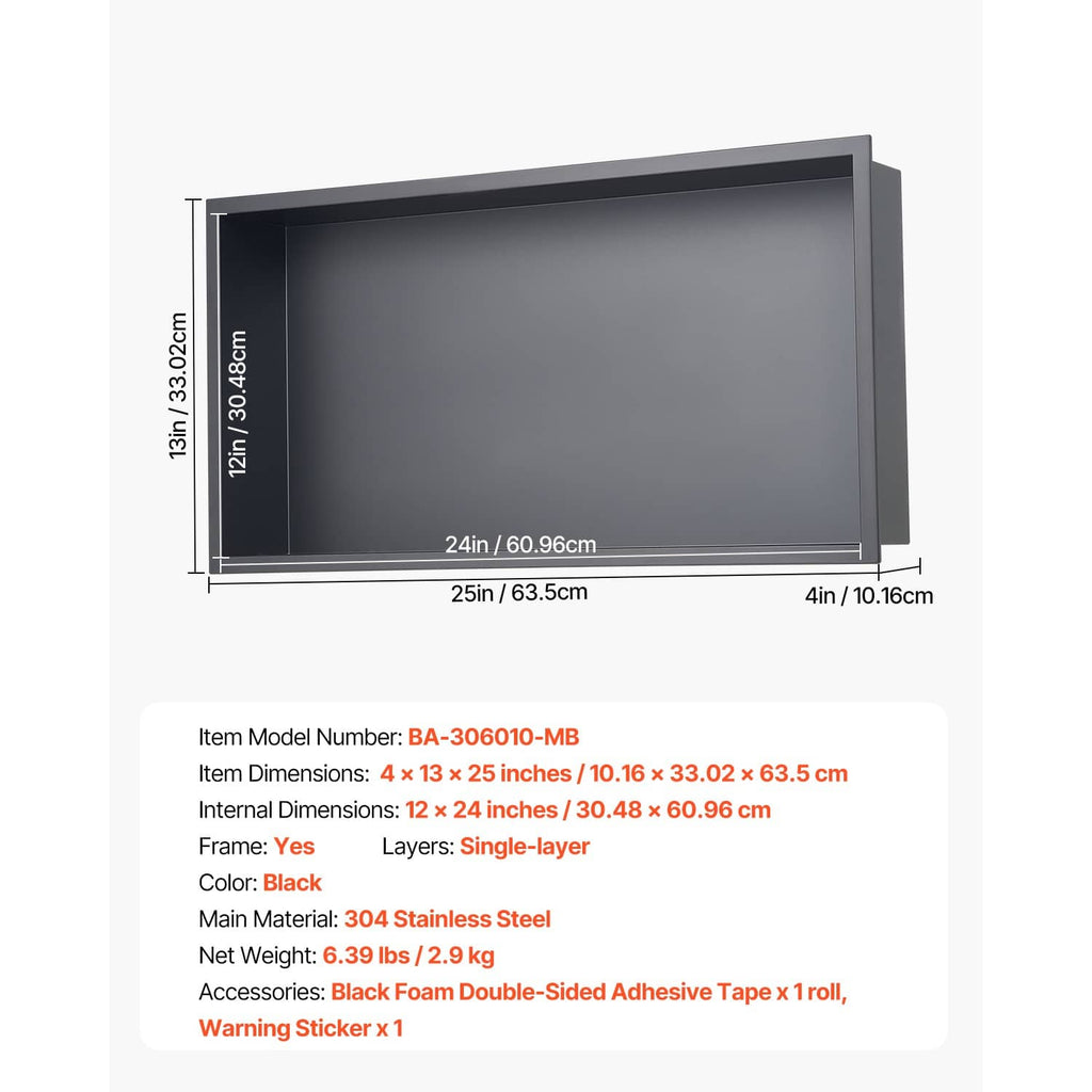 Recessed shower niche wall shelf dimension chart with 4 x 13 x 25 in layout info