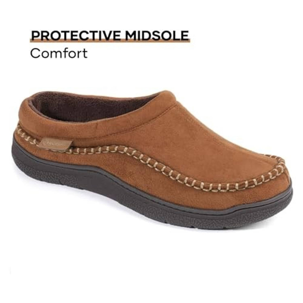Men's tan suede casual slip-on moccasin with dark gray cushioned outsole