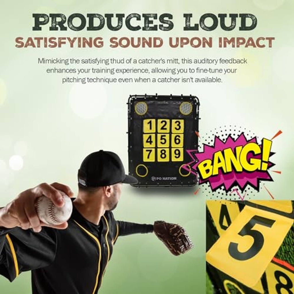 Baseball strike zone pitching net with black frame and yellow 1–9 target grid