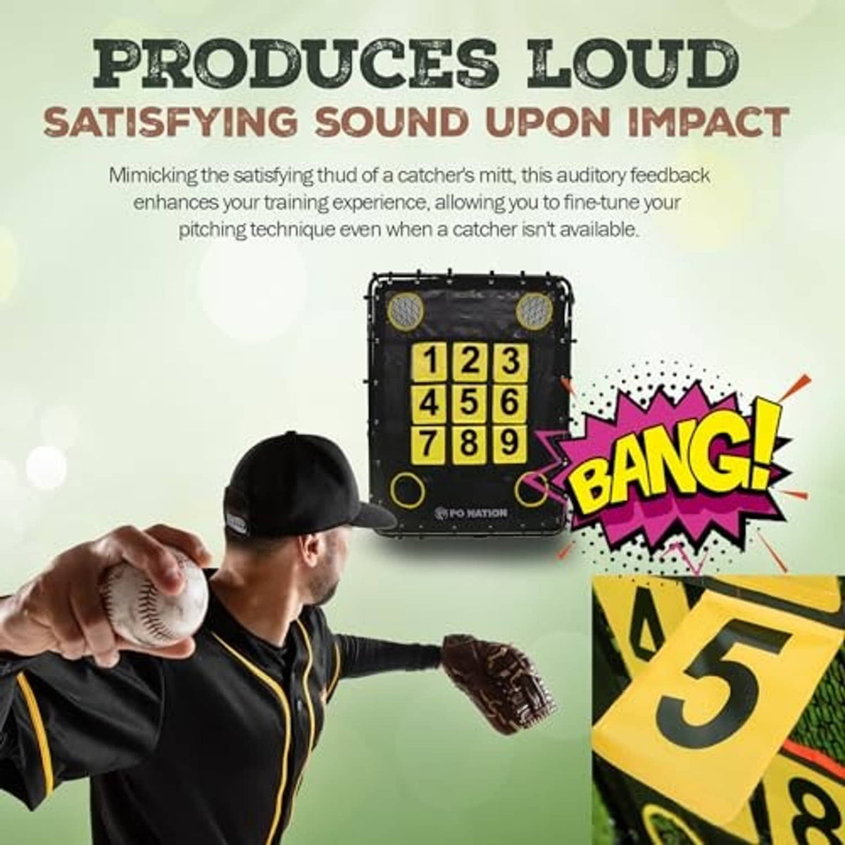 Baseball strike zone pitching net with black frame and yellow 1–9 target grid