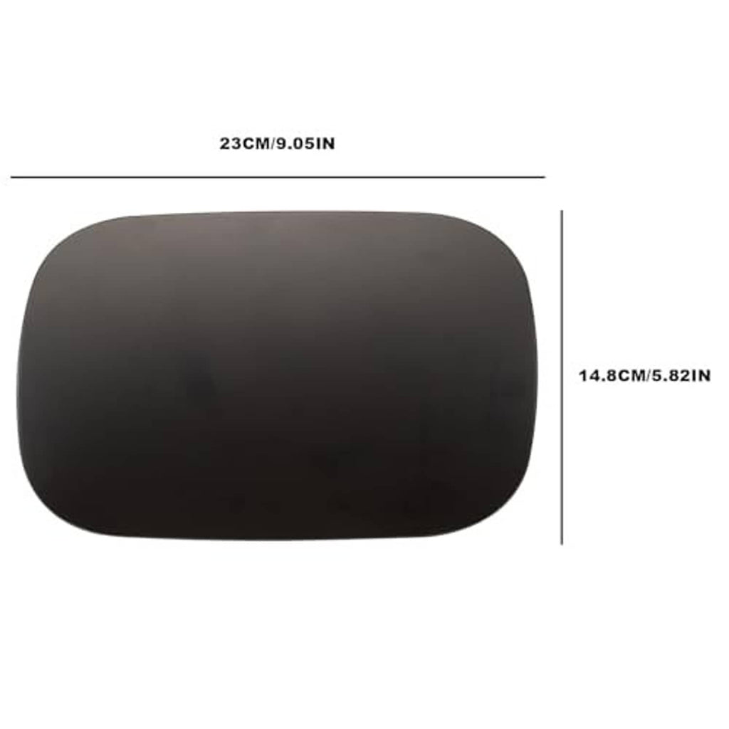 Black fuel tank filler door cover with size markings, rounded rectangular shape