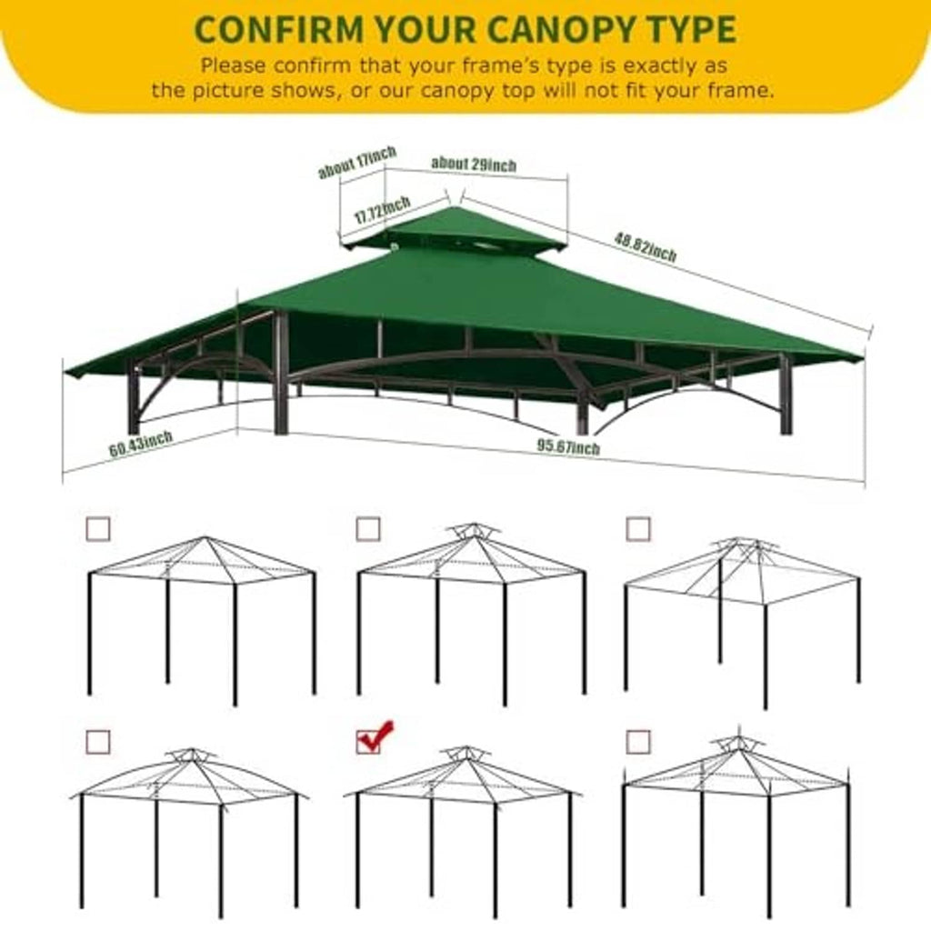 Forest green canopy roof size and canopy-type guide diagram