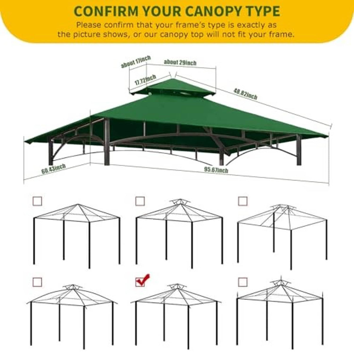 Forest green canopy roof size and canopy-type guide diagram