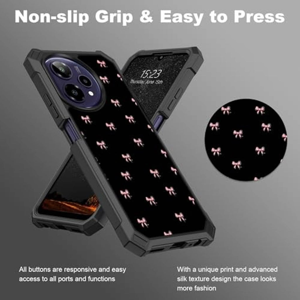 Phone case with pink bow pattern, non-slip grip design and side button cutouts
