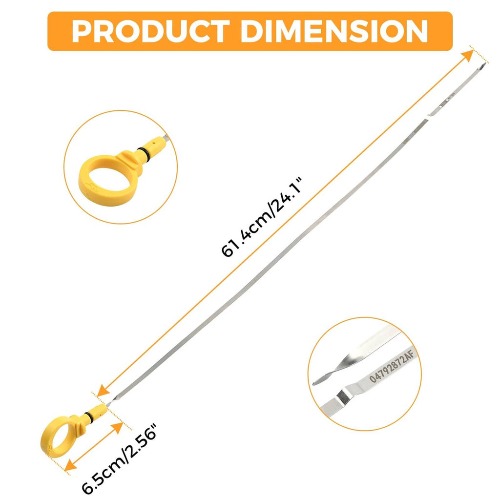 Engine oil dipstick with yellow loop handle and long metal measuring rod