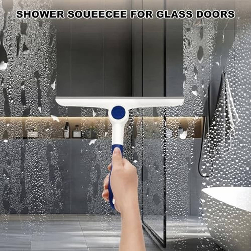Handheld blue-and-white window squeegee for wet glass doors, gray blade edge.