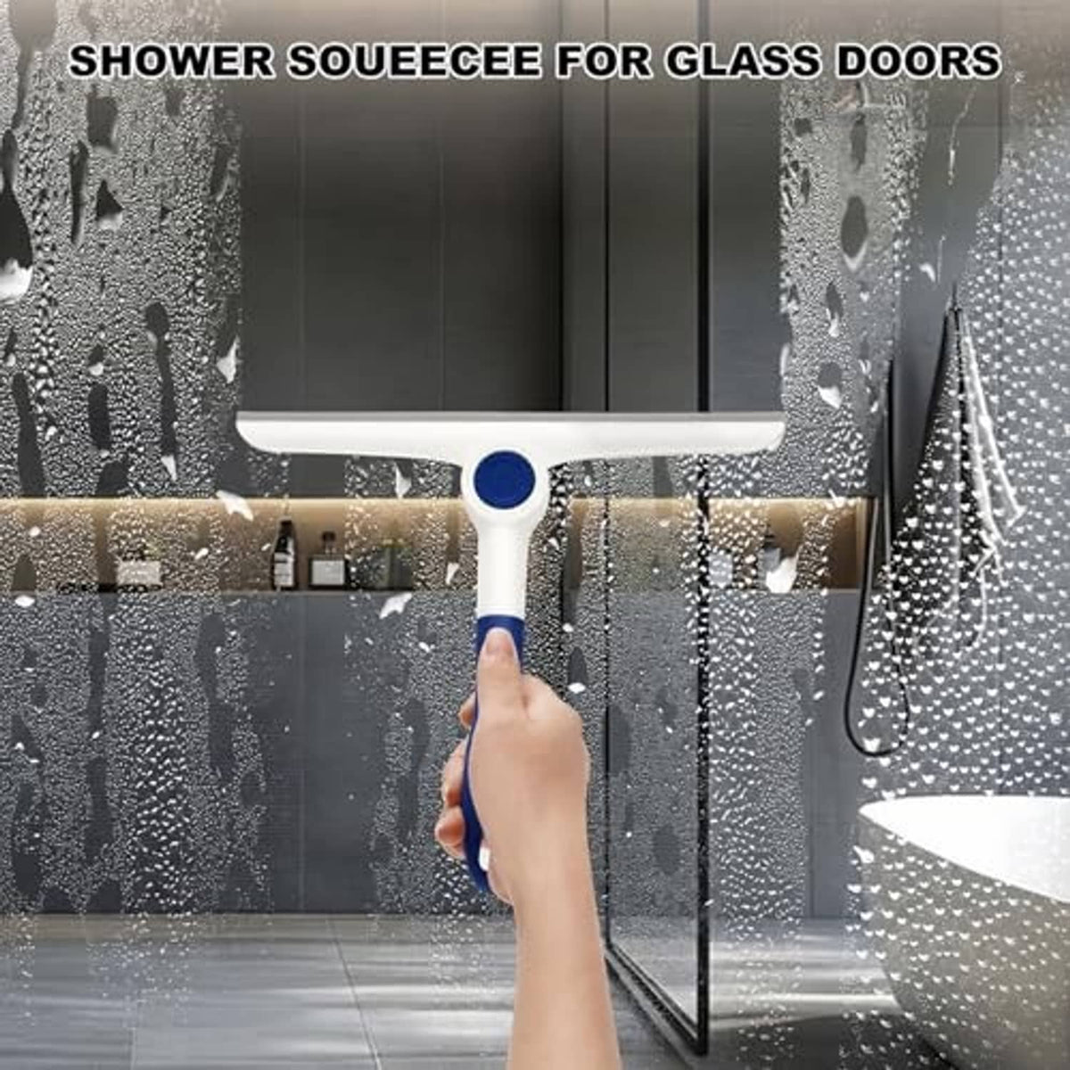 Handheld blue-and-white window squeegee for wet glass doors, gray blade edge.