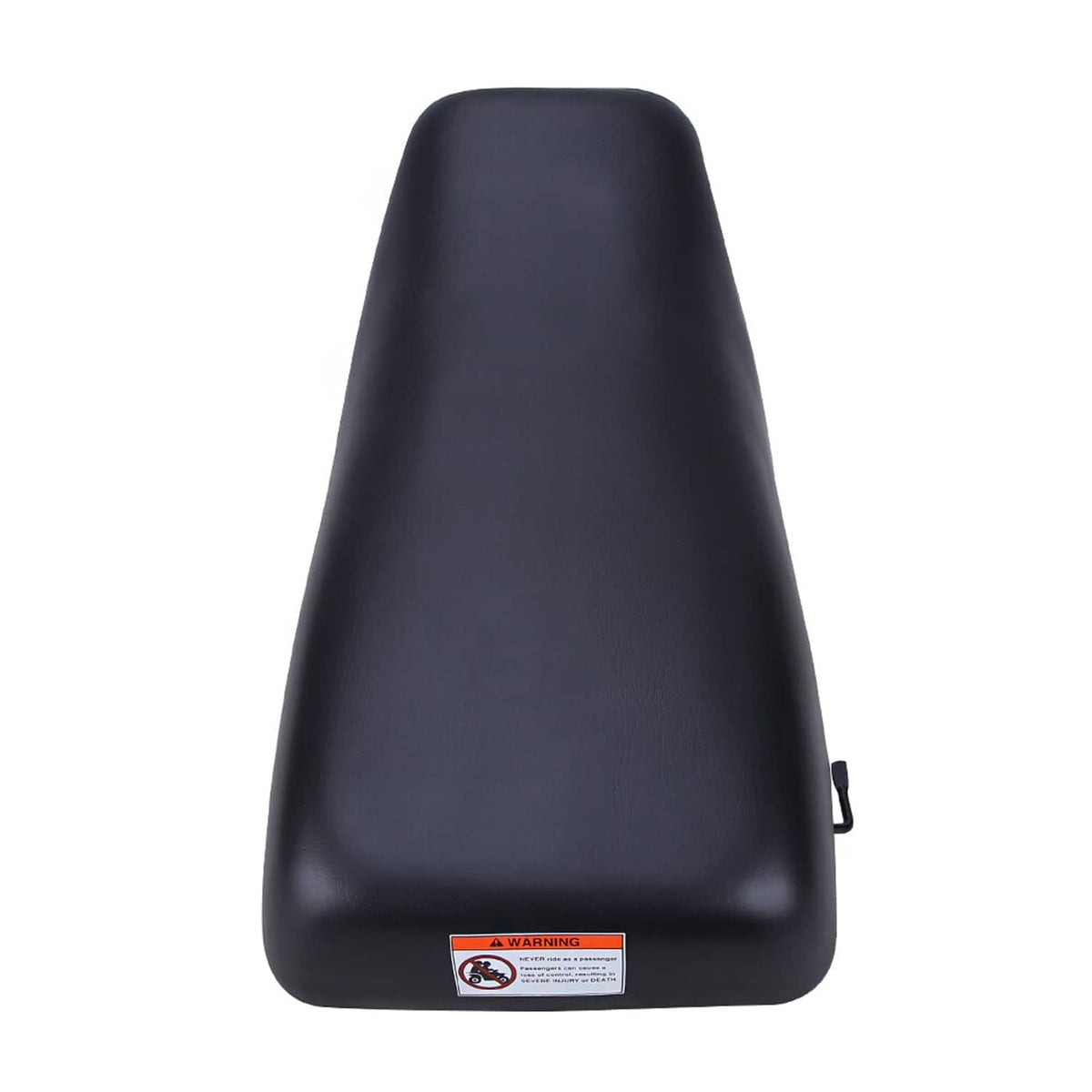 Black ATV seat with warning label on the front underside