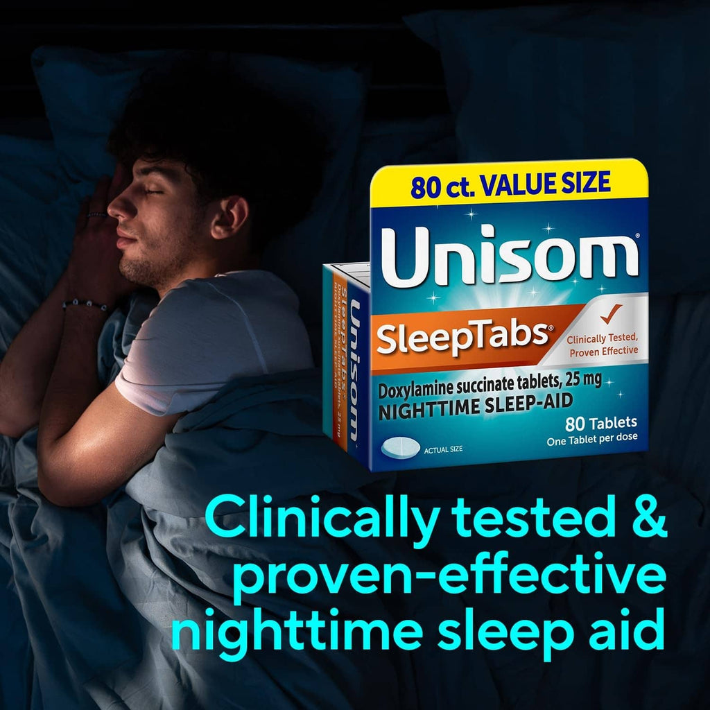 Unisom SleepTabs bottle beside sleeping man with nighttime sleep-aid text