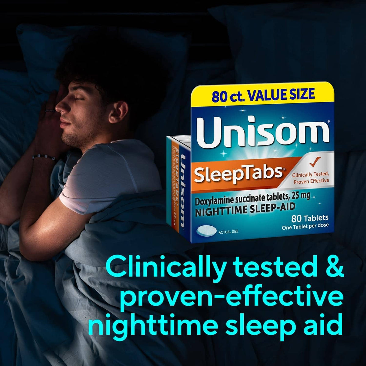 Unisom SleepTabs bottle beside sleeping man with nighttime sleep-aid text