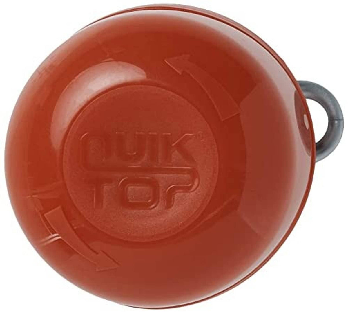 Orange QuikTop can cap, close-up of embossed QUlK logo