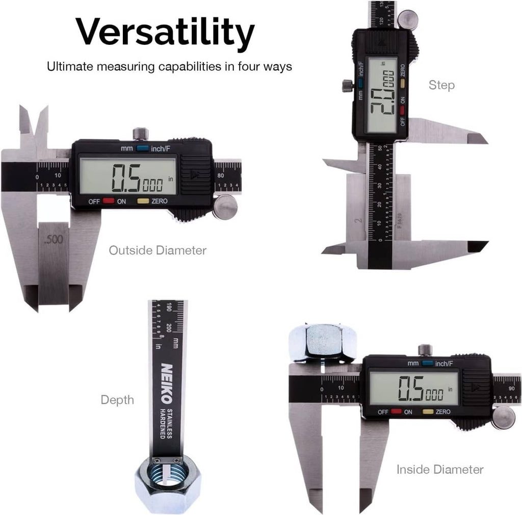 Digital caliper showing outside and inside measurement positions with mm/inch scales