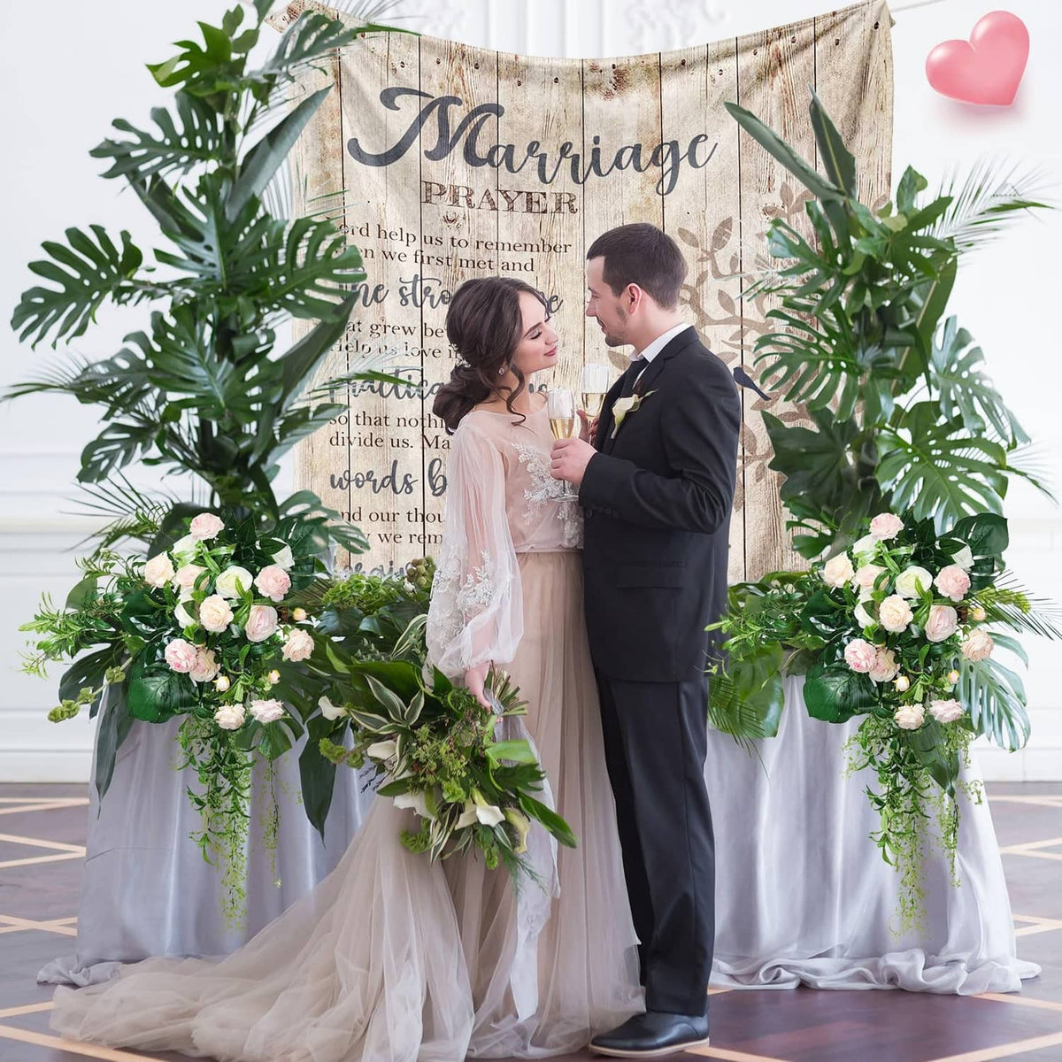 Beige marriage prayer throw blanket draped behind bride and groom, with prayer text and leaves