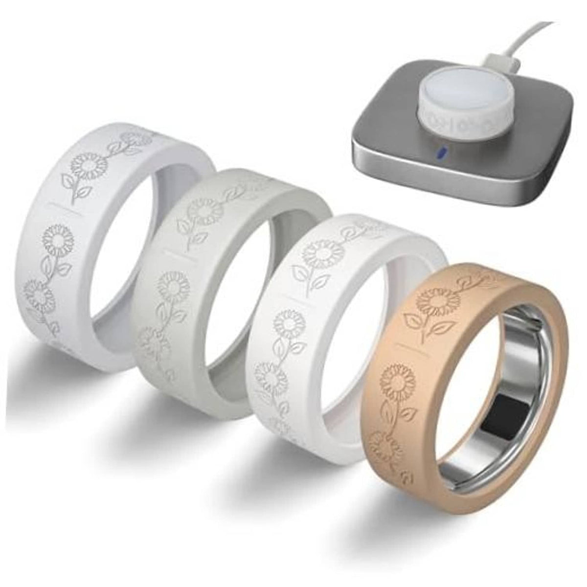 Set of four ring covers: three light gray and one tan, embossed floral pattern