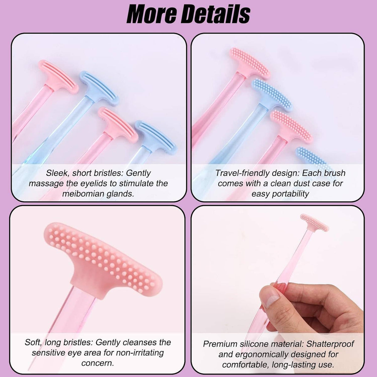 Pink and blue silicone eyelid cleansing brush set with textured tip, hand holding one