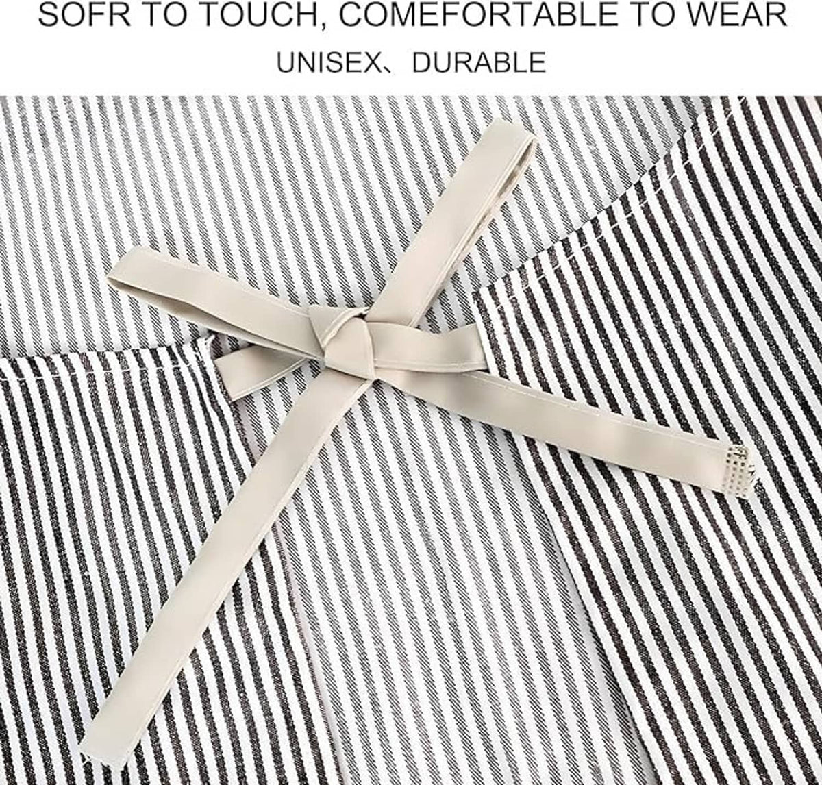 Pinstripe apron neck tie with long ribbon ends, off-white straps on striped fabric