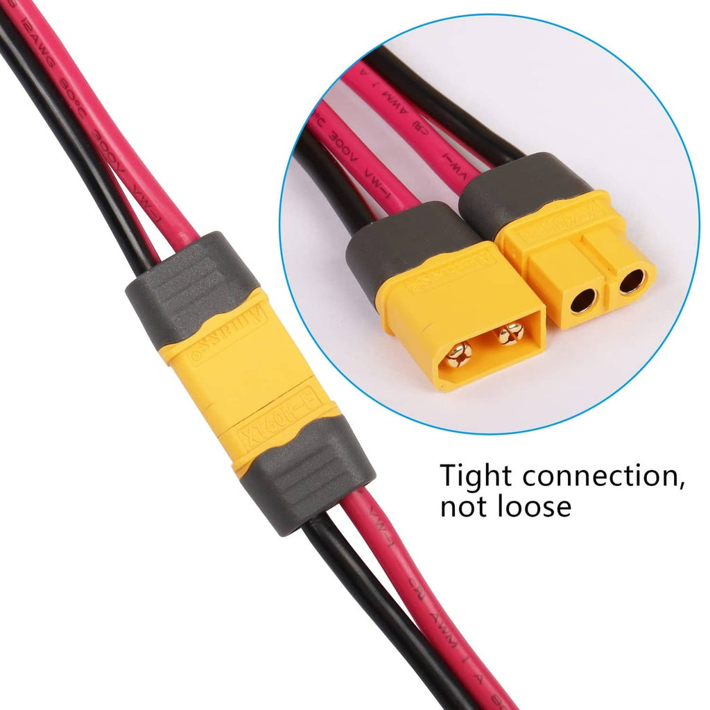 XT60H male and female connectors with secure tight fit on red/black wire pigtails