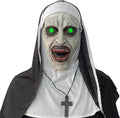 Horror nun full-head mask with hood, pale face, glowing green eyes, open mouth, cross charm