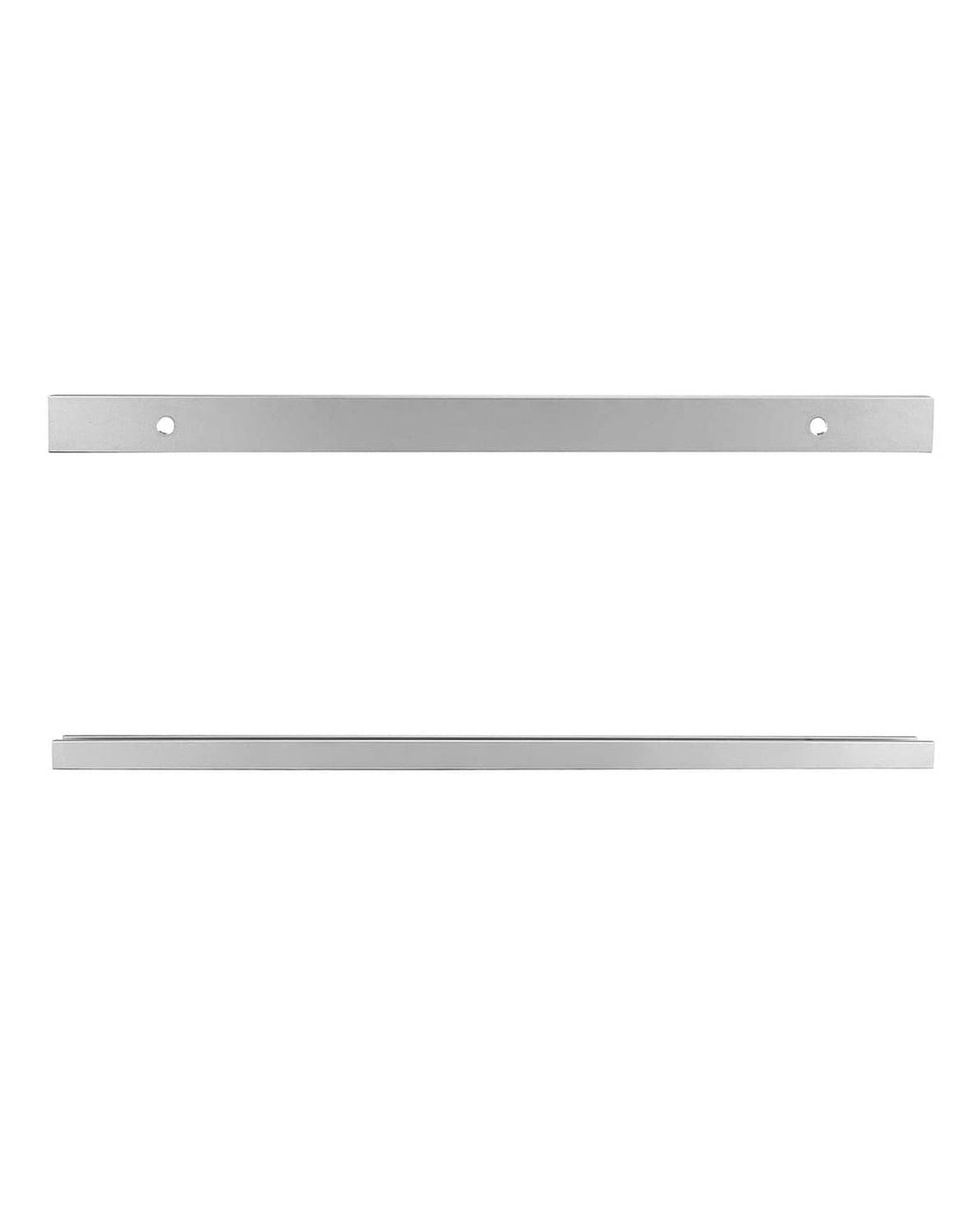 Silver aluminum T-track rail shown from top and underside views
