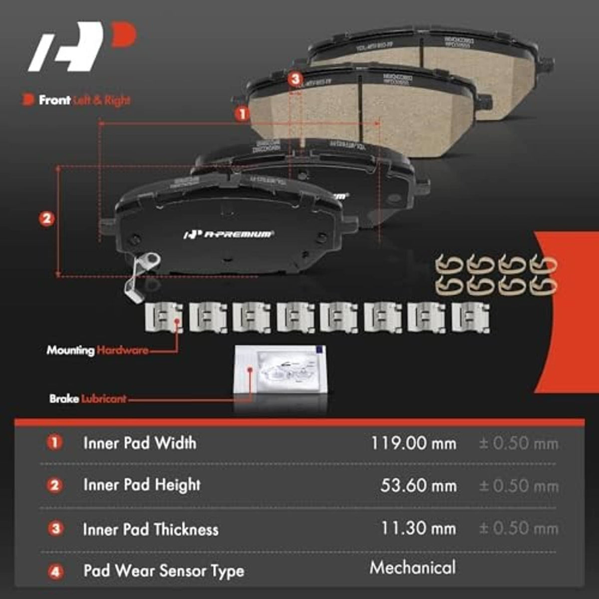 Front ceramic brake pad set with beige friction pads and included mounting hardware
