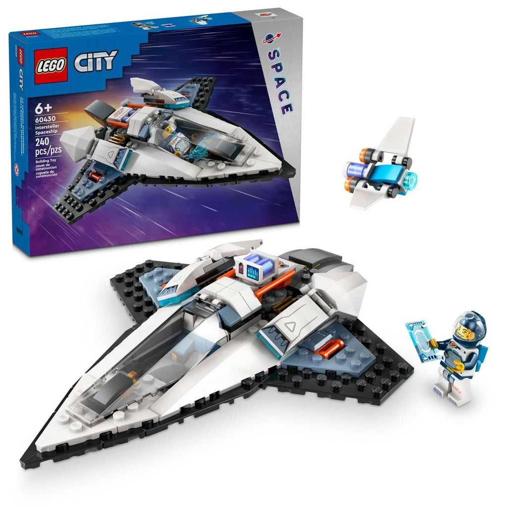 LEGO interstellar spaceship toy set with spacecraft model, drone, and astronaut minifigure