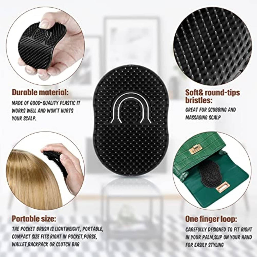 Black oval pocket brush comb with finger loop and fine textured bristles.