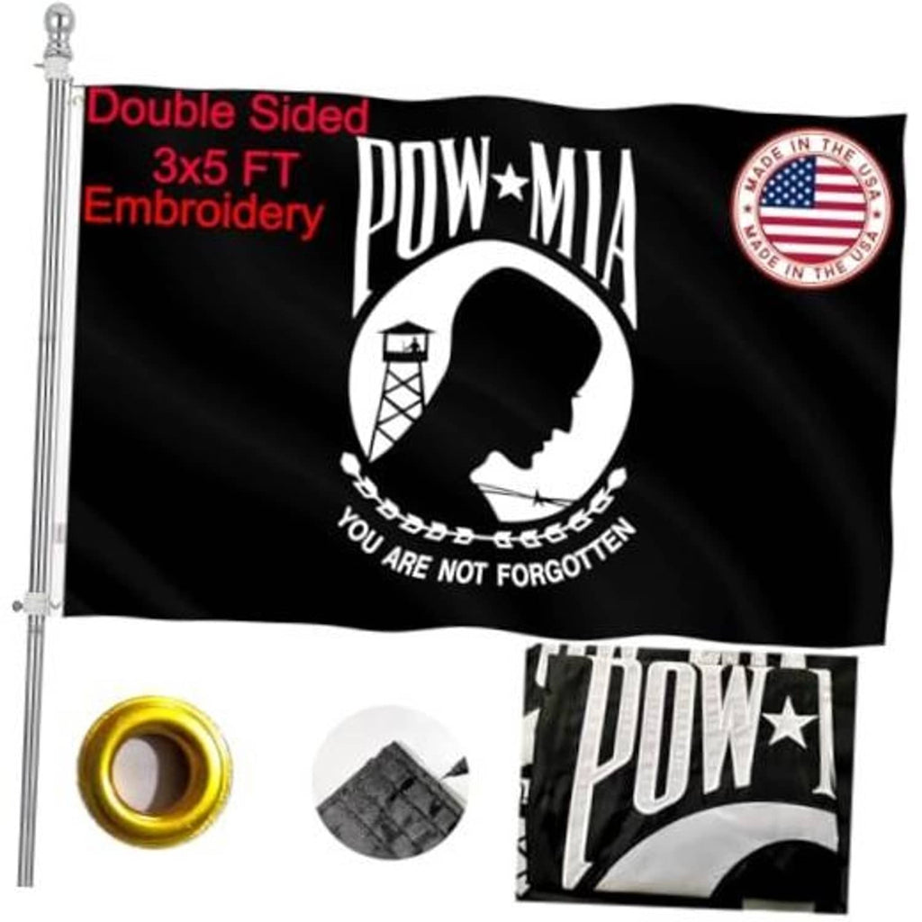 Double-sided embroidered POW-MIA flag, black with white emblem and red accents.