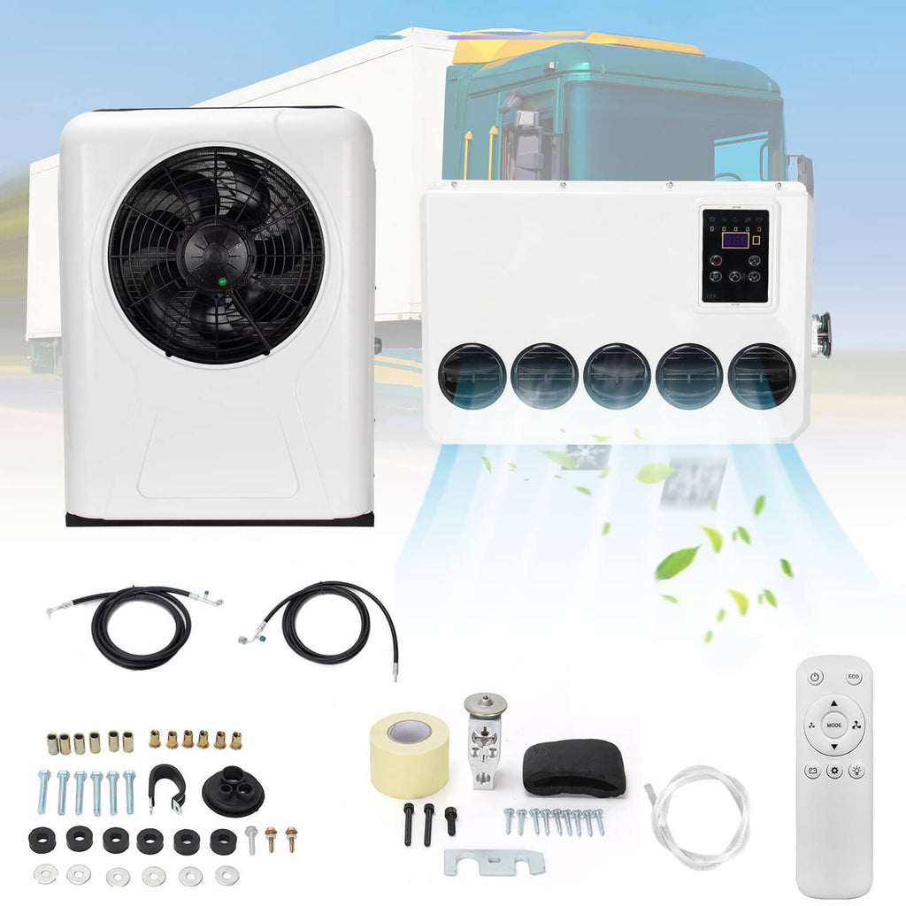 White split AC outdoor unit with fan, control panel, remote, and installation accessories