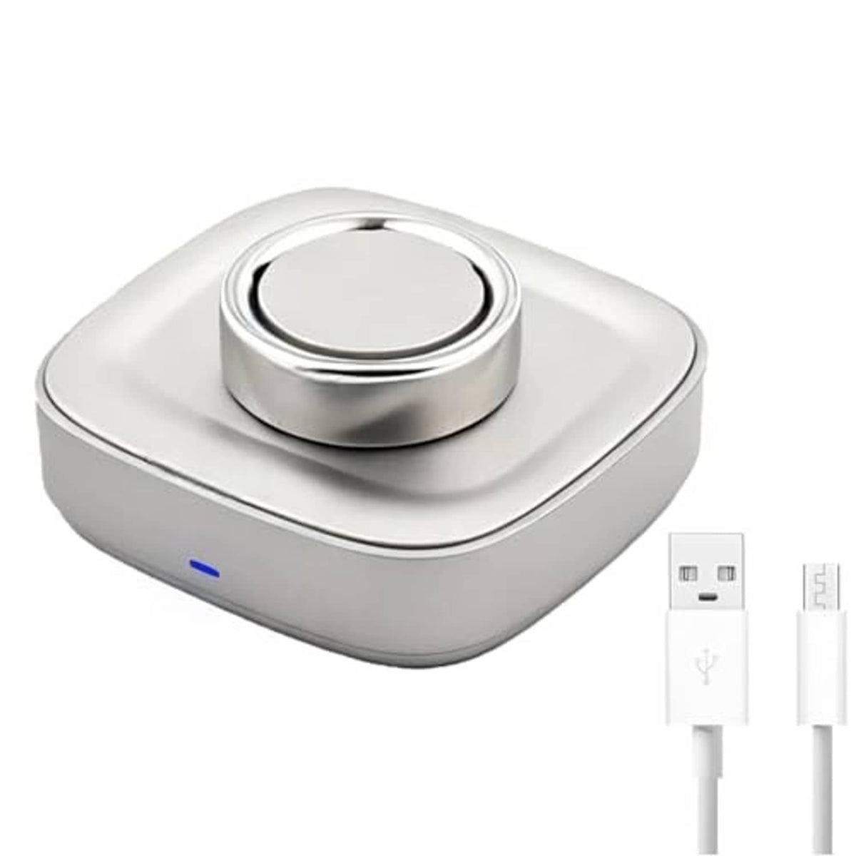 White smart ring charging dock with circular metal contact and blue indicator, shown with USB cables