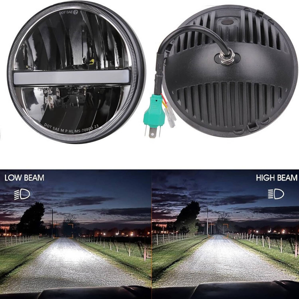 Pair of round halo LED headlights with wiring harness; low beam and high beam shown