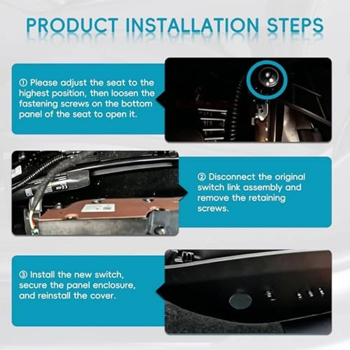 Black power seat control switch installed in seat-side opening, showing knob and switches
