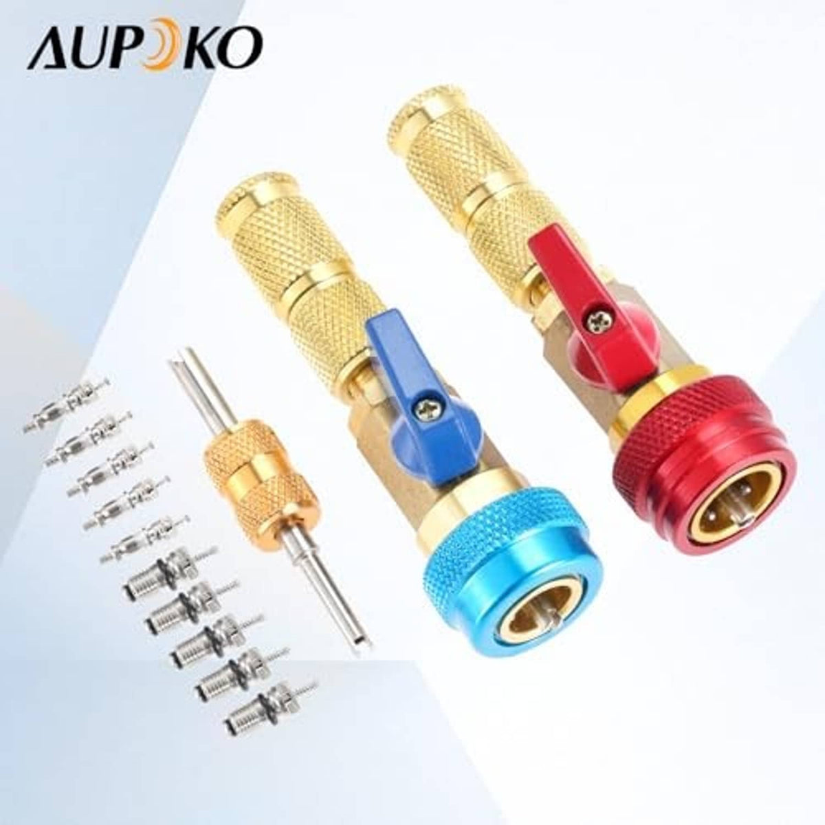R134A valve core quick remover installer with red and blue couplers plus spare valve cores