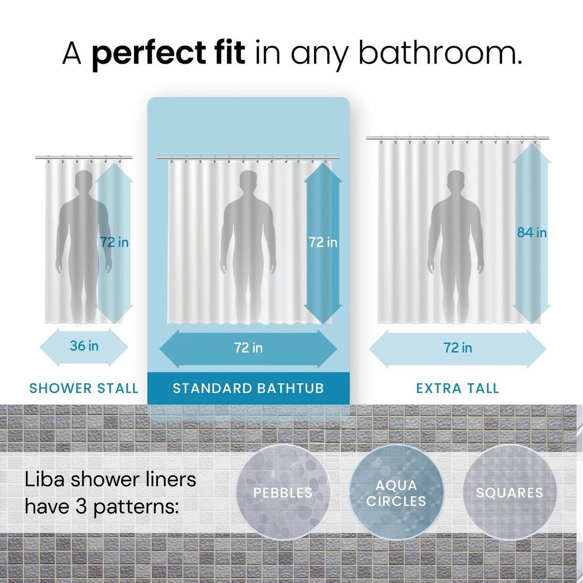 LiBa clear PEVA shower curtain with pebble pattern, size outline layout