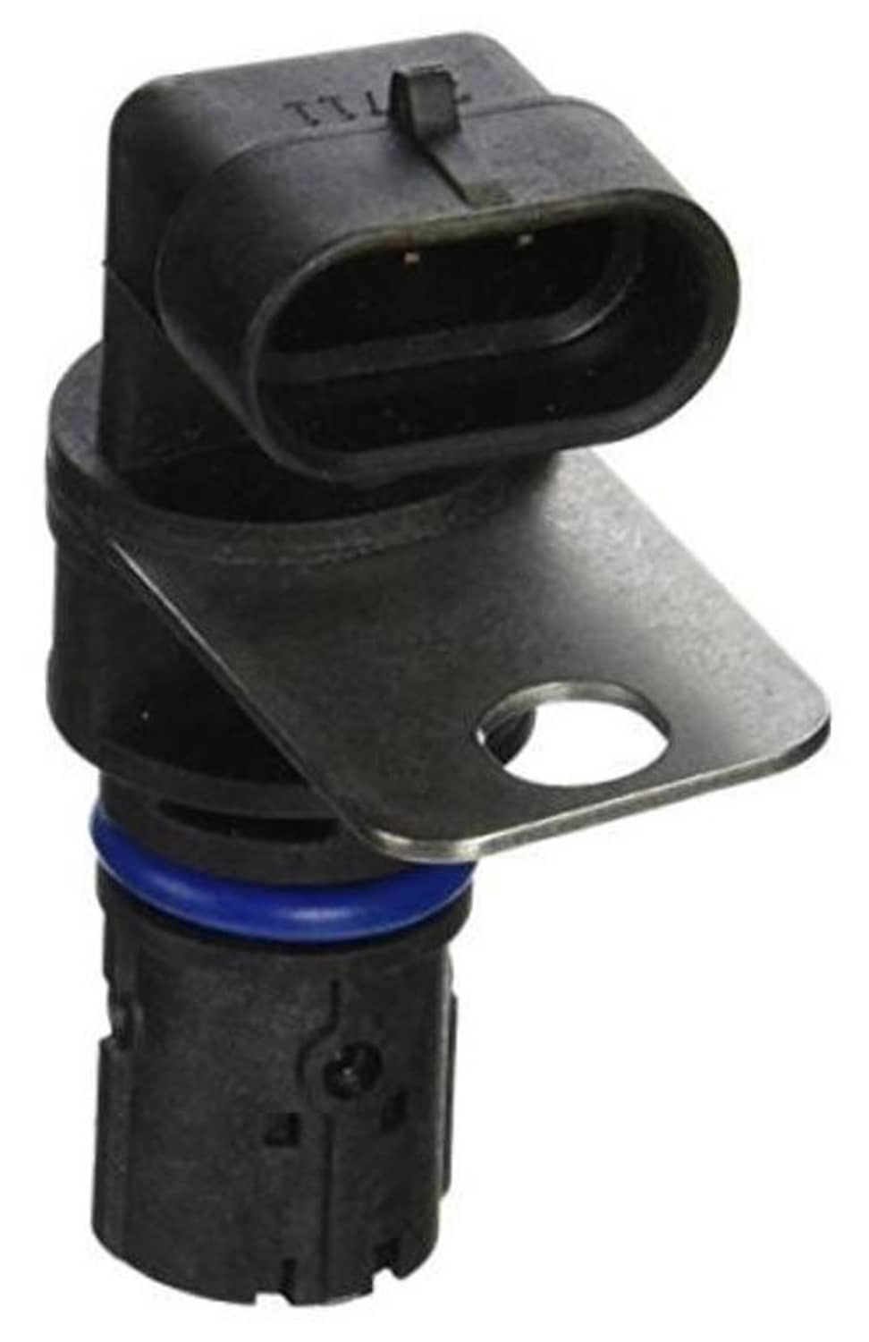 Crankshaft position sensor with black connector, metal bracket, and blue seal