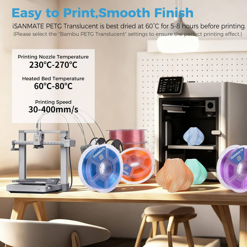 iSANMATE PETG translucent filament printing settings with spools and 3D printer