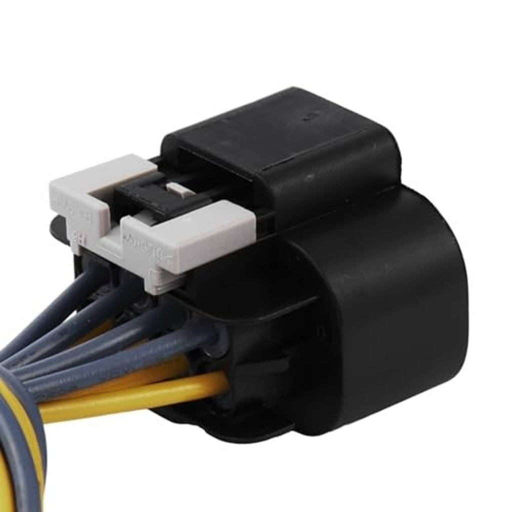 Headlight connector plug pigtail with black housing, grey terminal blocks, blue and yellow wires