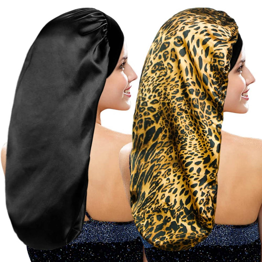 Two-piece satin bonnet set: black solid hood and leopard print hood, side view