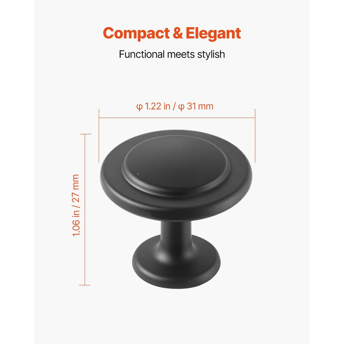Matte black mushroom cabinet knob, round top and stem for drawers and cabinets