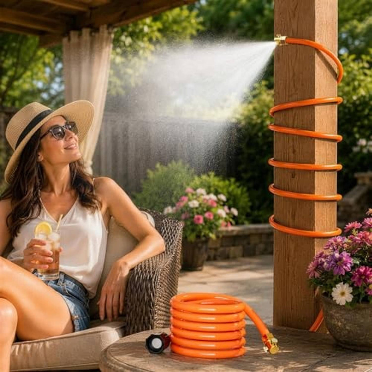 Orange hose mister system with brass fitting, misting from an outdoor wooden post